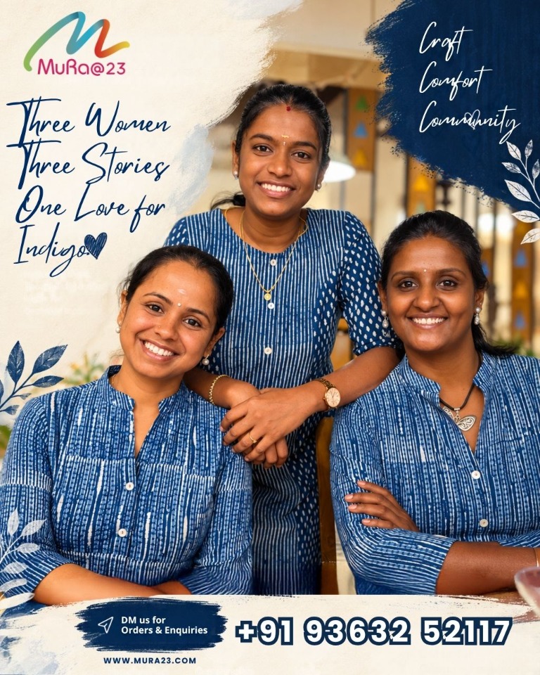 Three women wearing indigo handloom clothing